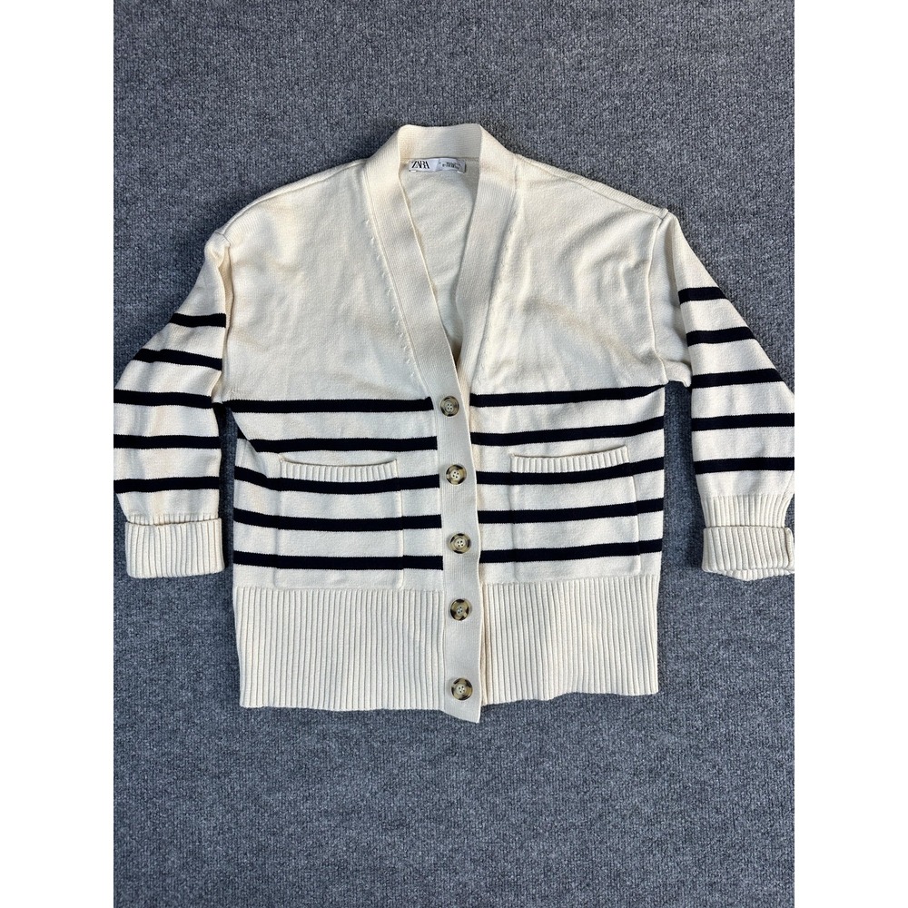 Zara Cardigan Womens S Cream Striped Nautical Coastal Fisherman Heavy Capsule - Picture 1 of 7